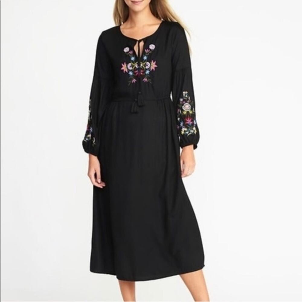 Old Navy Dark Floral Embroidered Midi Dress Sz S Baloon Sleeve‎ Fairy Whimsical
